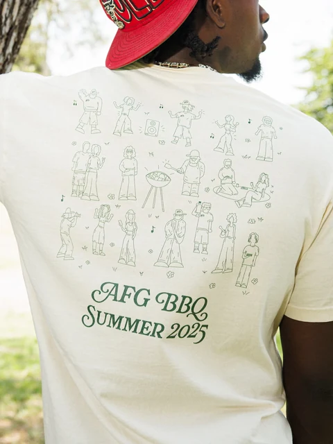 The back of the cream tee, printed